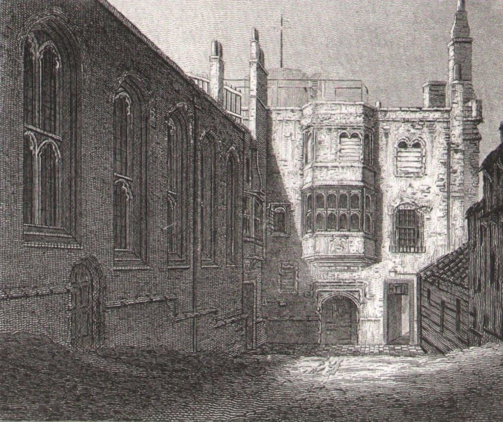 The Church & prison entrance, Savoy, London. Antique engraved print 1817